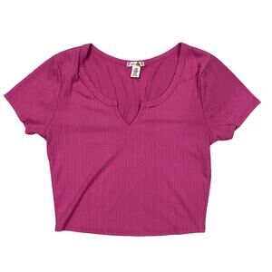 BOZZOLO Women's Ribbed Crop Top V-Neck Short Sleeve Pink Size L